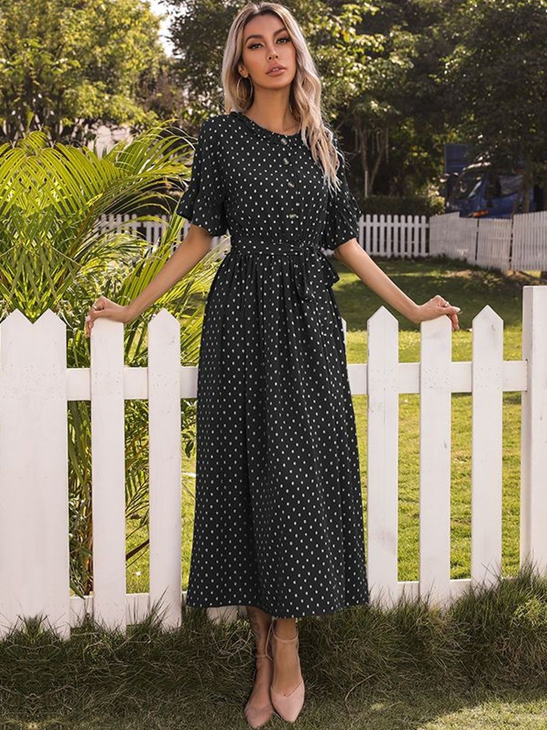 Polka Dot Print Puff Sleeve Fit & Flare Midi Dress