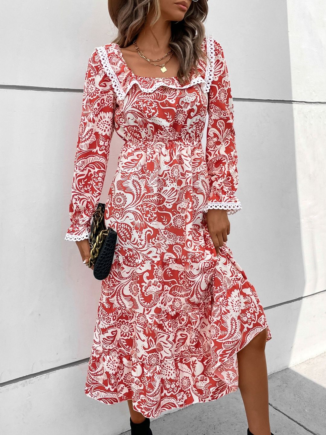 Women's Red Floral Print Ruffled A-Line Midi Dress