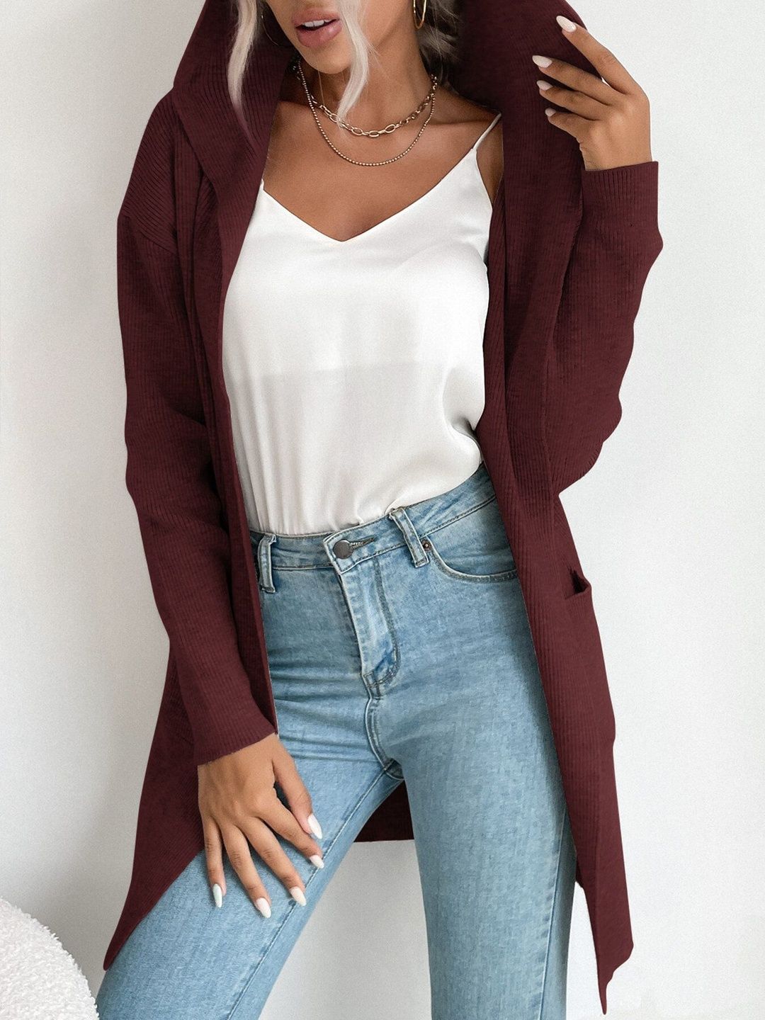 Women's Maroon Ribbed Cardigan