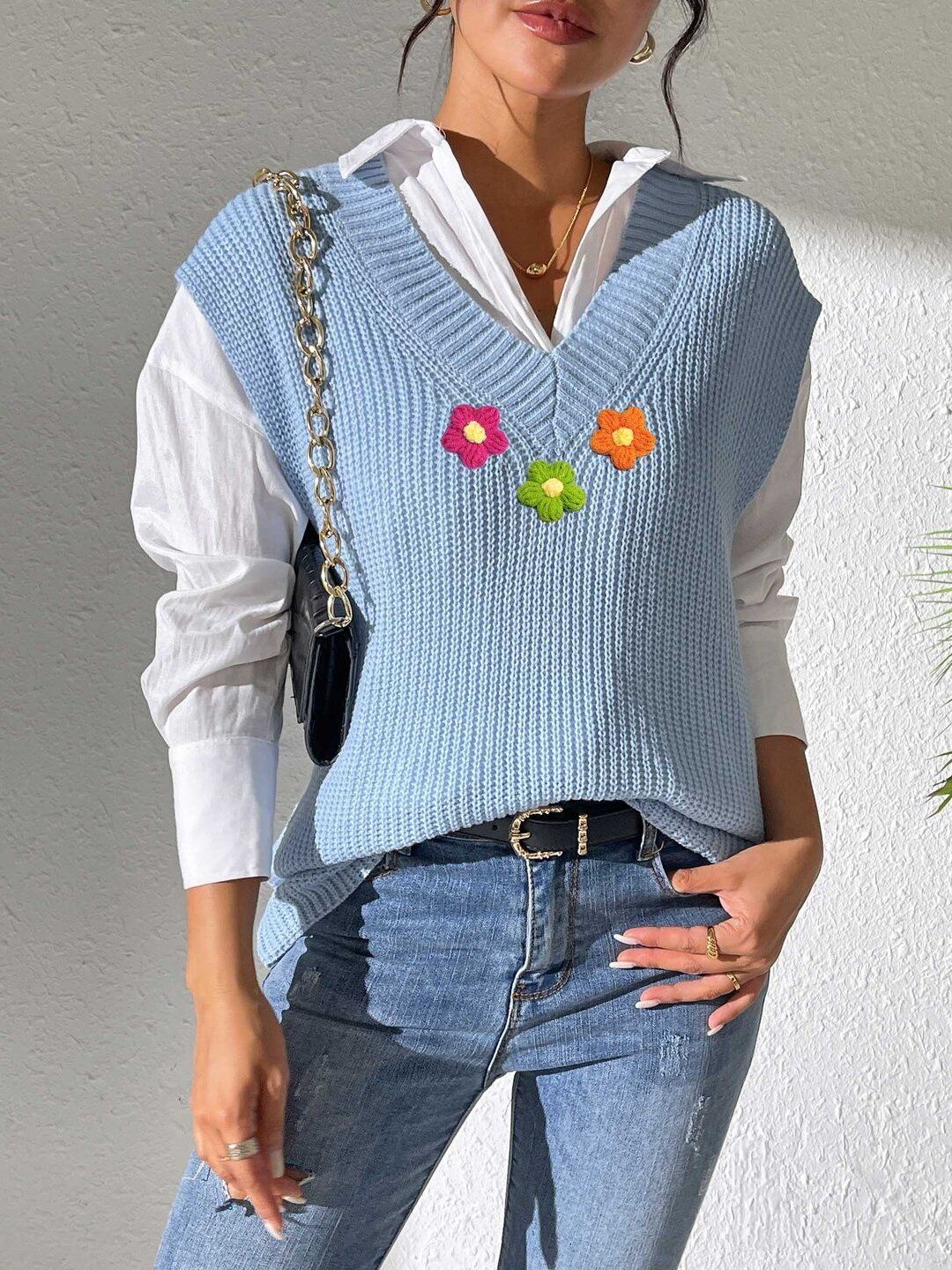 Women Ribbed Sweater Vest with Embroidered Detail