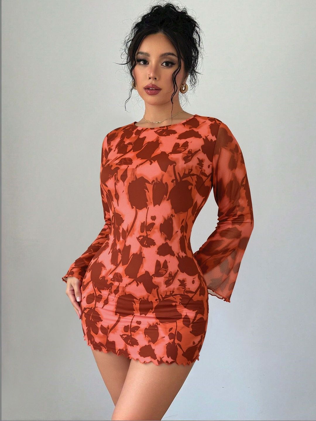 Floral Print Flared Sleeve Bodycon Mini Dress - Nowi Korean Fashion