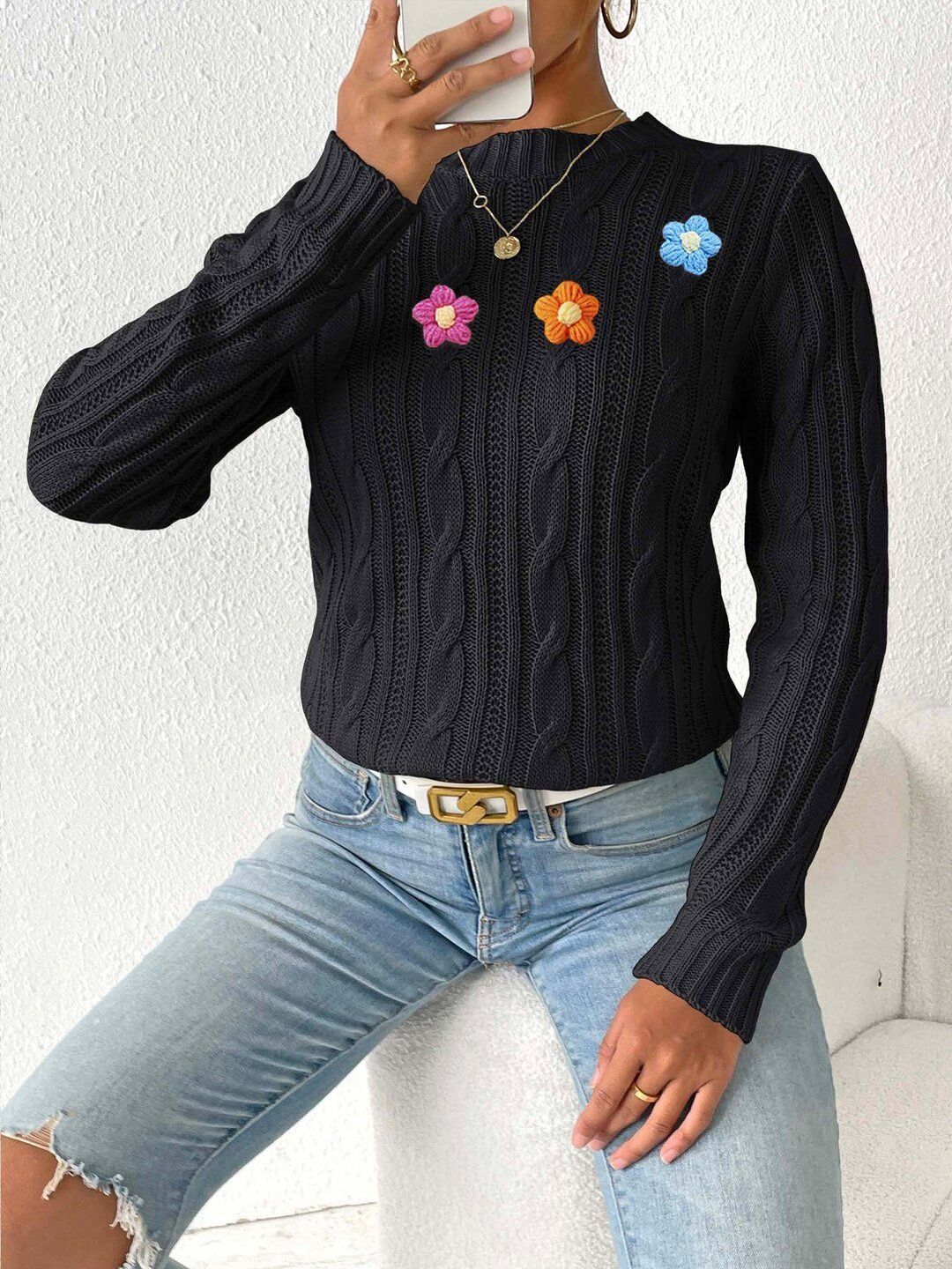 Women Cable Knit Pullover with Applique Detail
