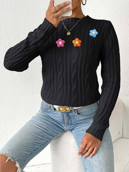 Women Cable Knit Pullover with Applique Detail