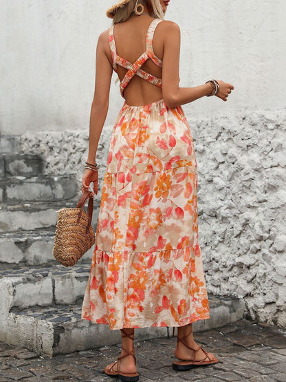 Floral Print Halter Neck Ruffled A-Line Midi Dress