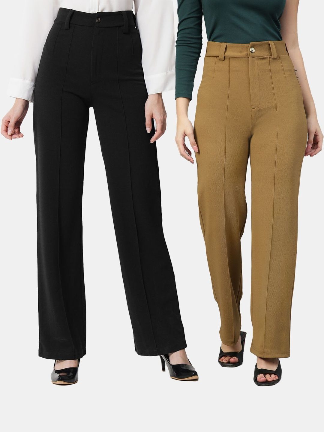 Pack Of 2 High-Rise Easy Wash Regular Fit Trousers in Black Rayon - Nowi Korean Fashion
