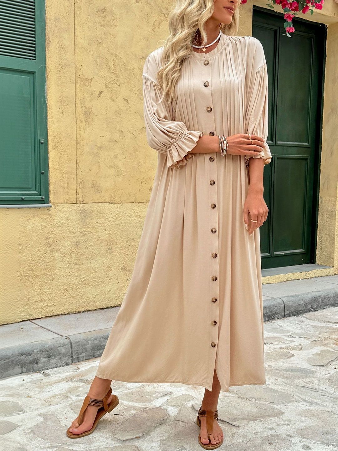 Puff Sleeve A-Line Midi Dress