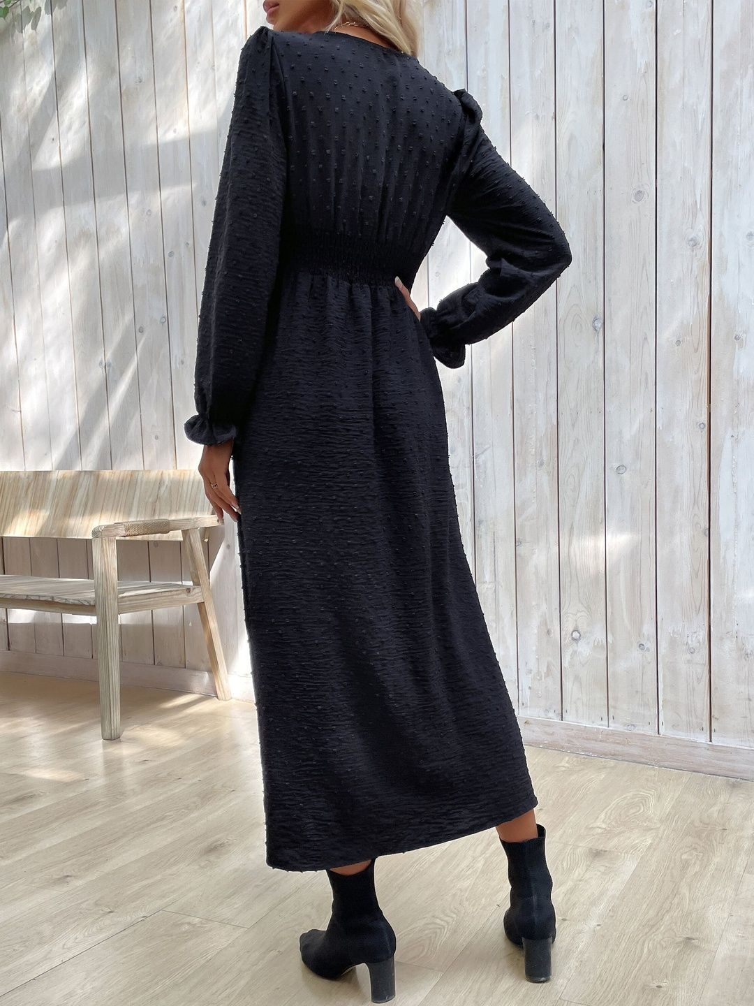 Women's Black A-Line Midi Dress Blend Printed
