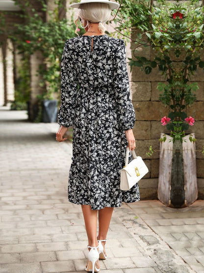 Women's Black Floral Print A-Line Midi Dress Blend
