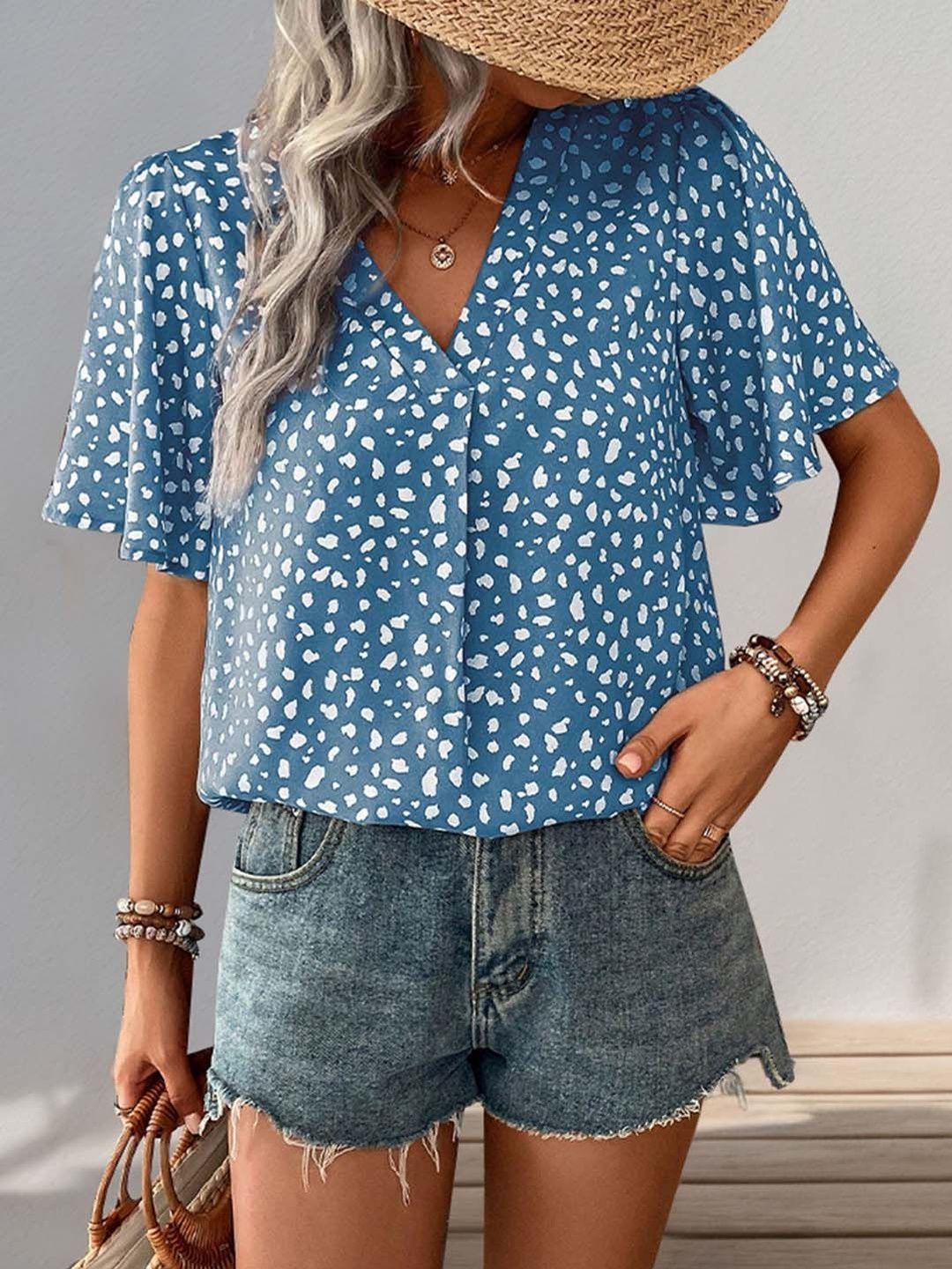 Printed Flutter Sleeve Top in Blue polyester - Nowi Korean Fashion