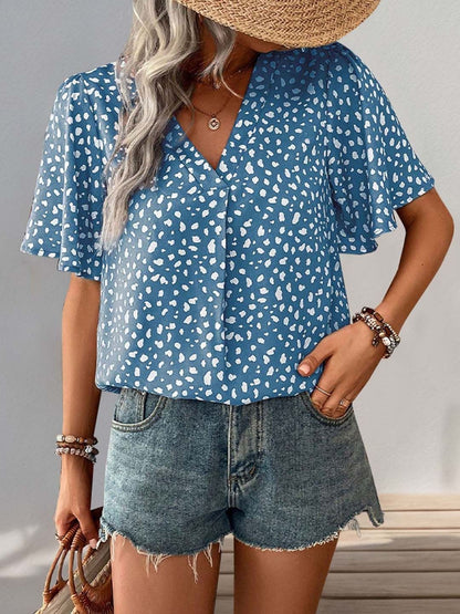 Printed Flutter Sleeve Top in Blue polyester - Nowi Korean Fashion
