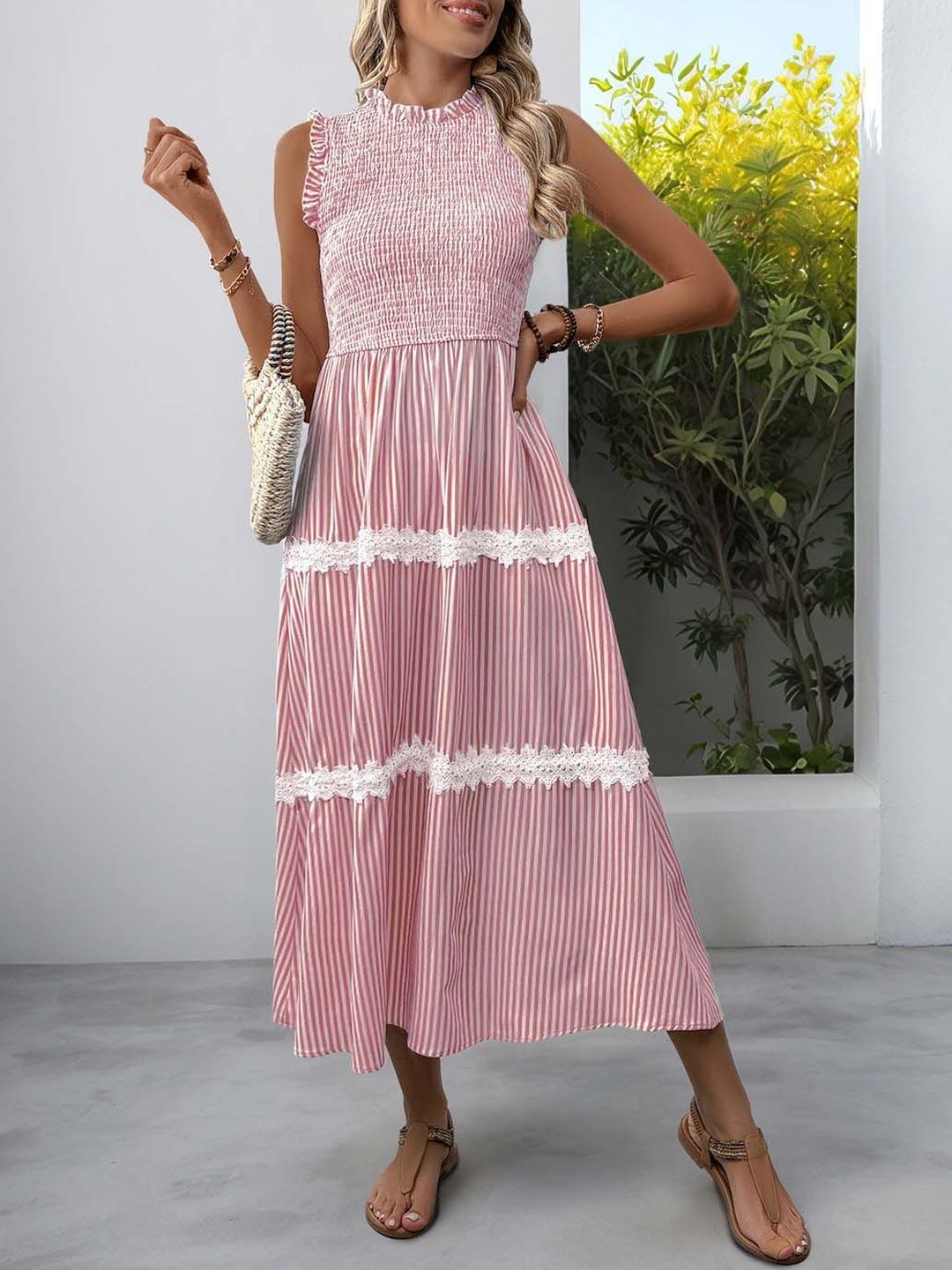 Striped Flutter Sleeve Fit & Flare Midi Dress in Pink - Nowi Korean Fashion