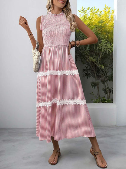Striped Flutter Sleeve Fit & Flare Midi Dress in Pink - Nowi Korean Fashion
