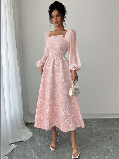 Floral Print Puff Sleeve Fit & Flare Midi Dress in Pink cotton - Nowi Korean Fashion