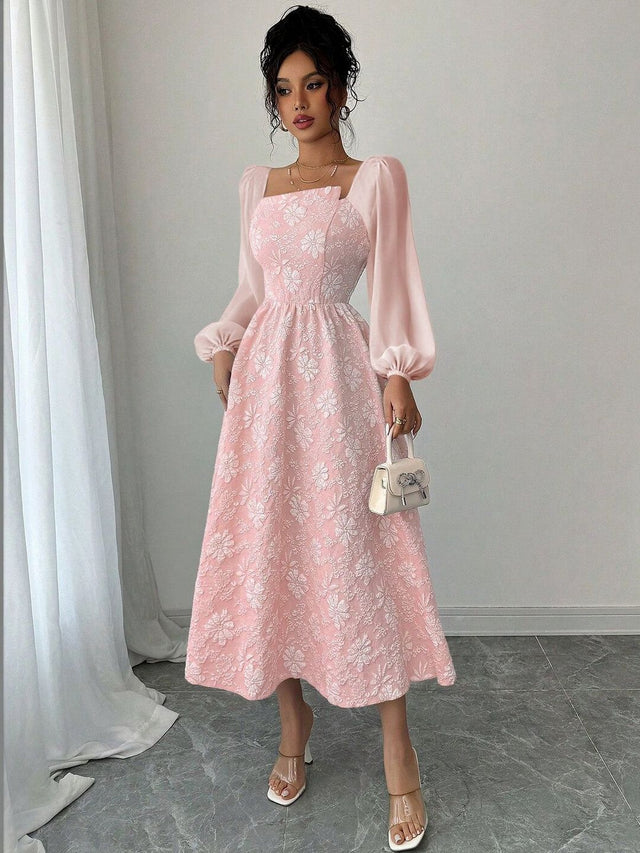 Floral Print Puff Sleeve Fit & Flare Midi Dress in Pink cotton - Nowi Korean Fashion