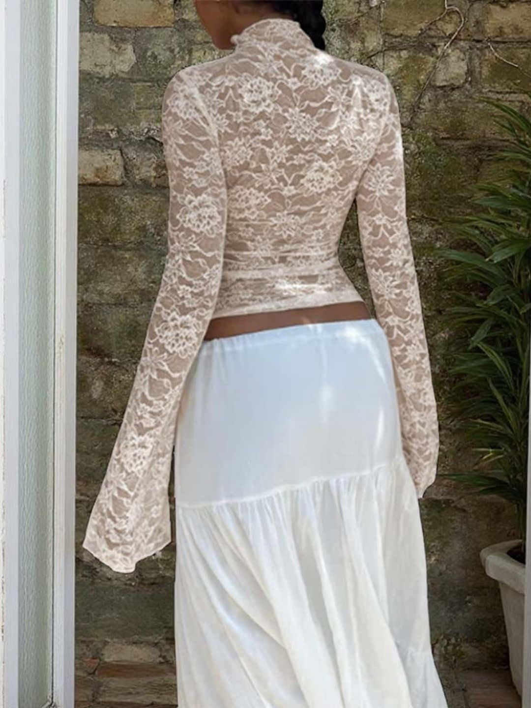 NOWI Floral Embroidered Flared Sleeve Top