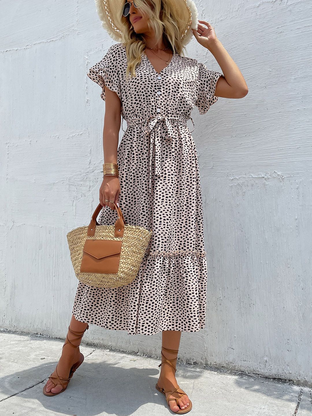Animal Print Flutter Sleeve Midi Dress