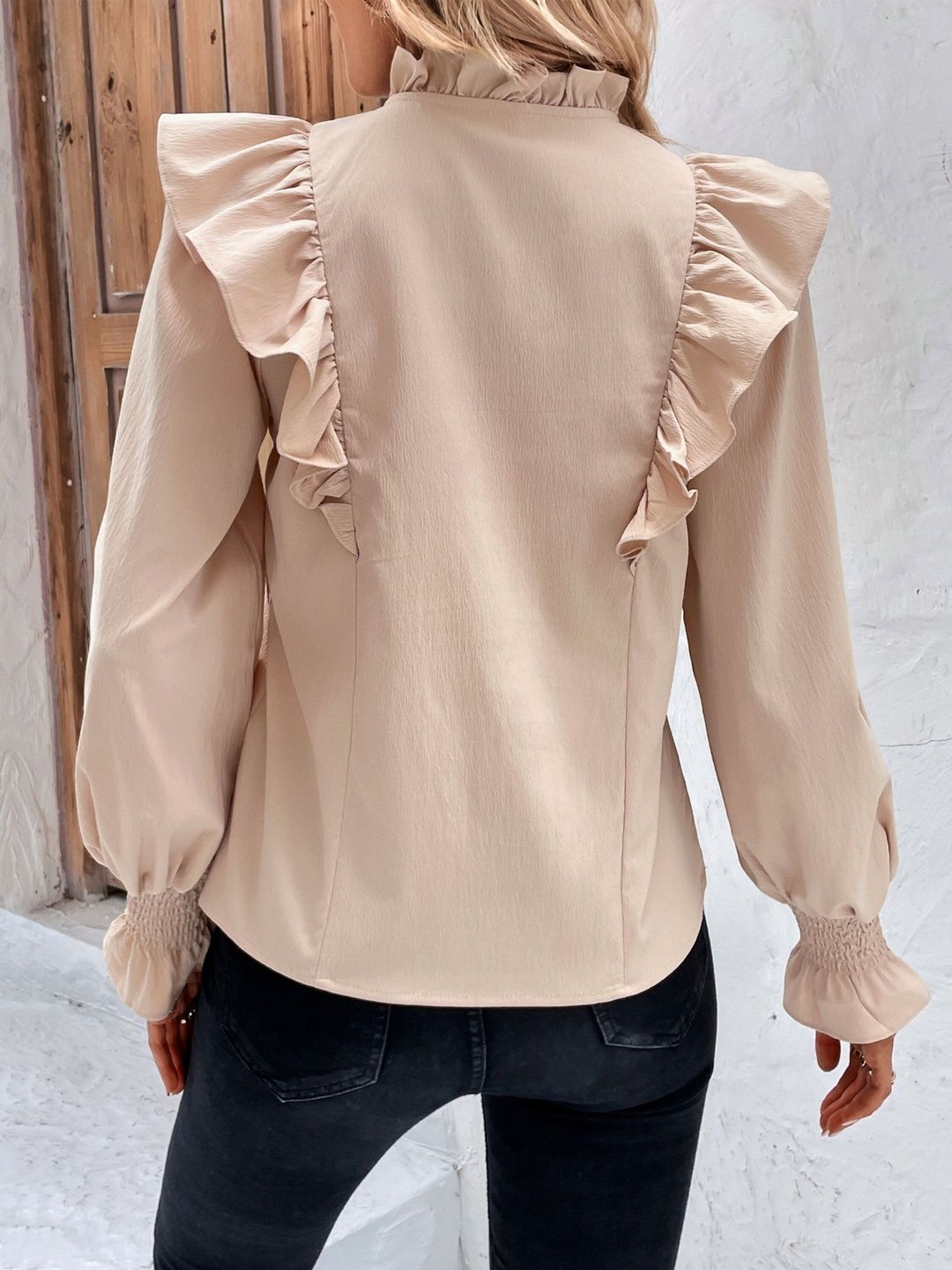 Women's Beige Bishop Sleeves Ruffles Top