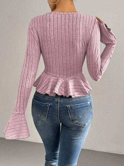 Women's Pink Bell Sleeve Ruffles Cotton Peplum Top