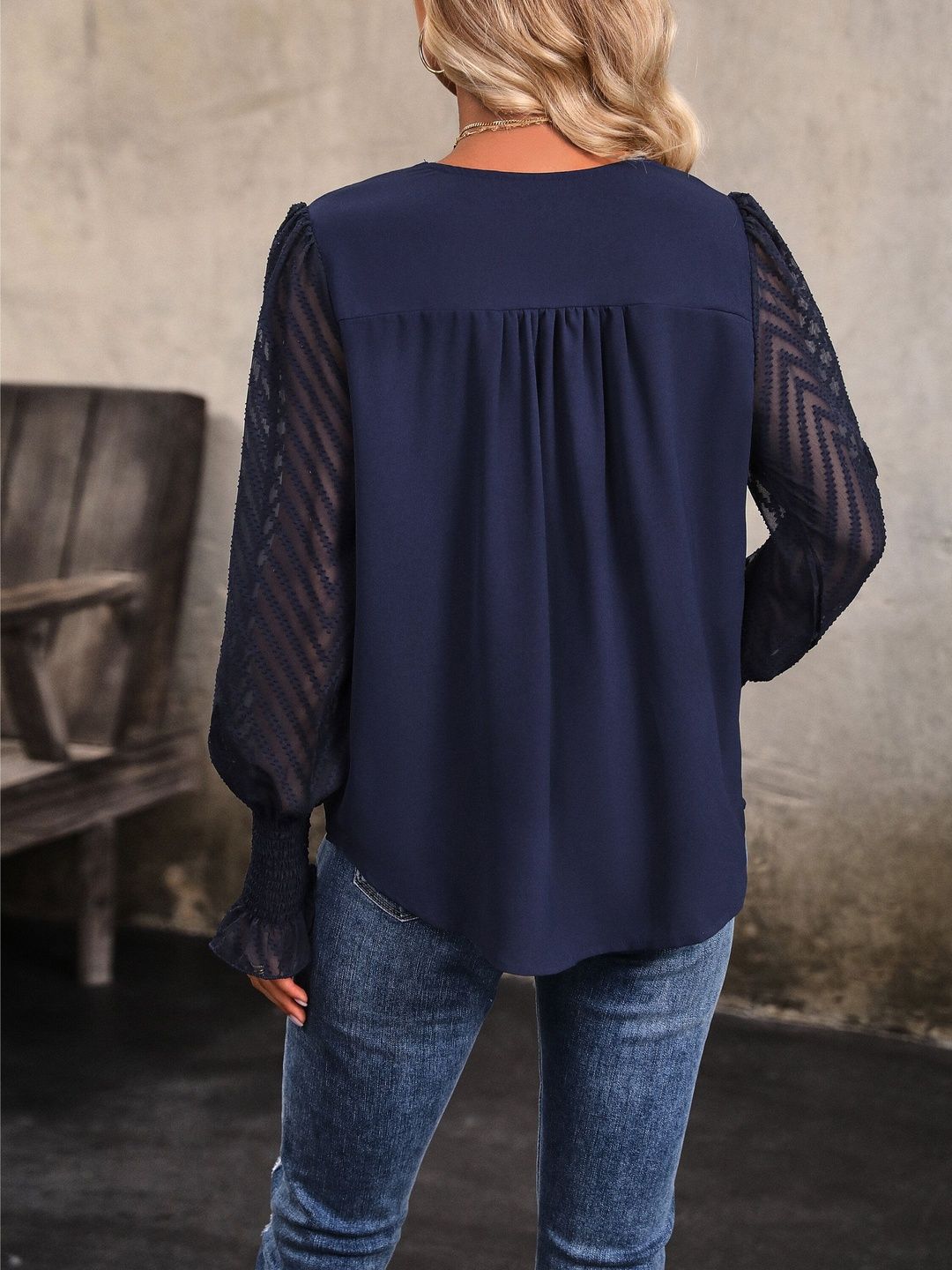 Women's Nowi Elegant Navy Blue Top With Detailed Sleeves