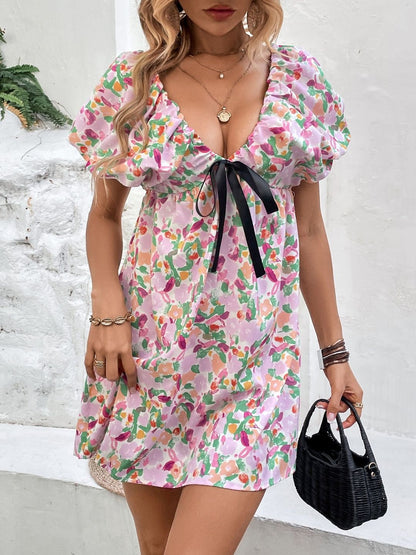 Floral Print Puff Sleeve Fit & Flare Mini Dress - Nowi Korean Fashion