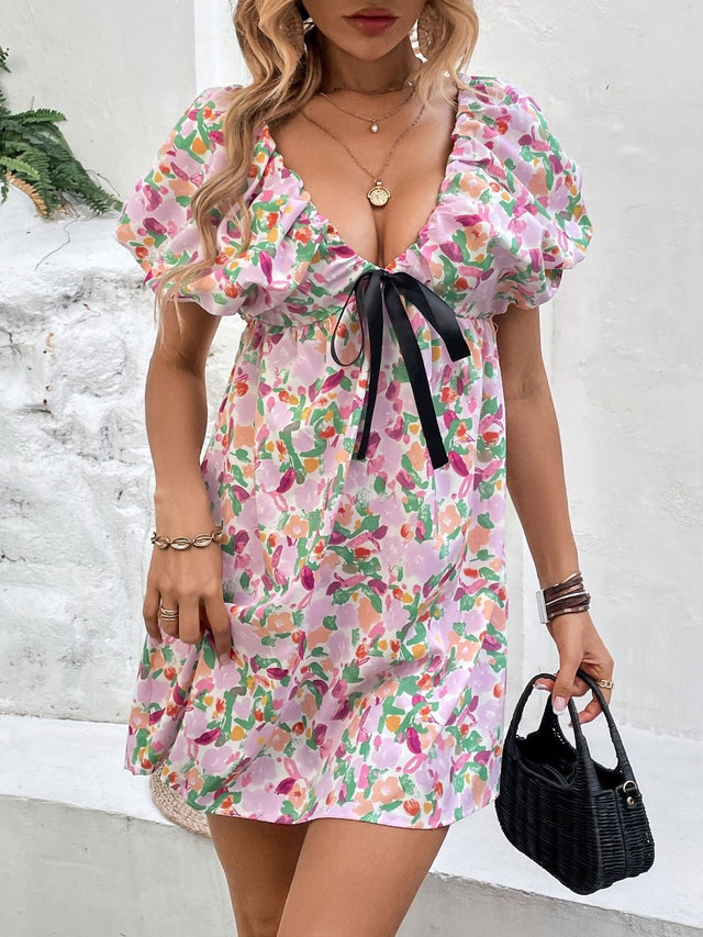 Floral Print Puff Sleeve Fit & Flare Mini Dress - Nowi Korean Fashion