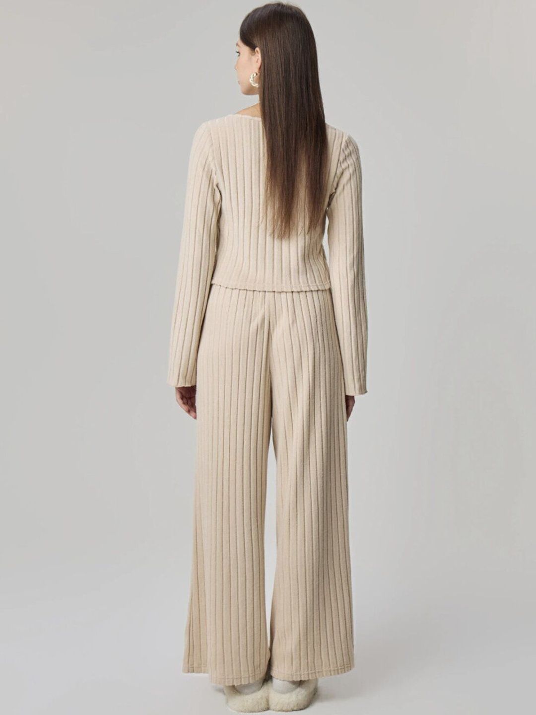 Beige Ribbed Knit Co-ords with V-Neck Top and Palazzos