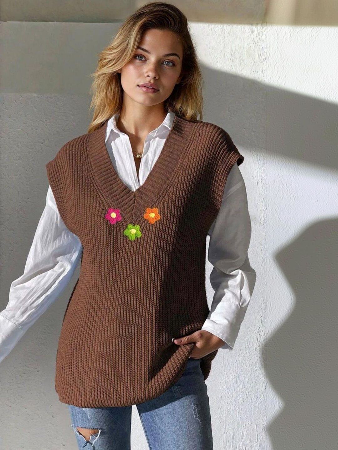Sweater Vest with Applique Detail in Brown acrylic - Nowi Korean Fashion