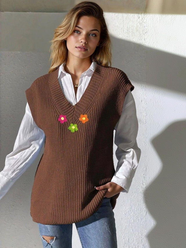 Sweater Vest with Applique Detail in Brown acrylic - Nowi Korean Fashion