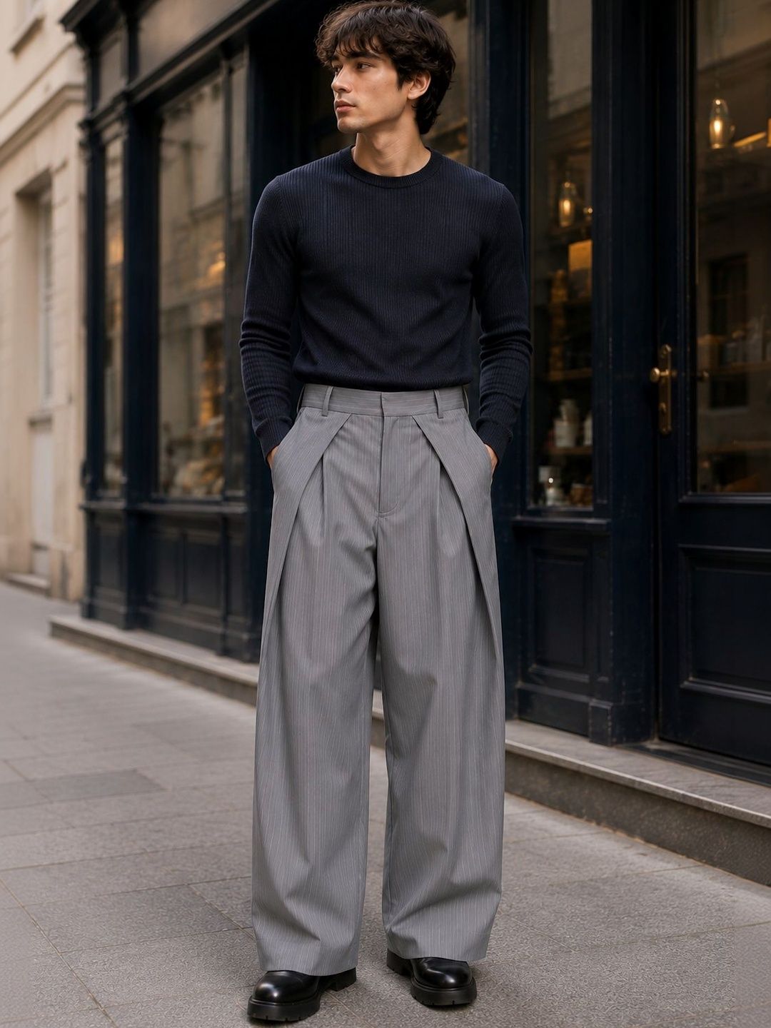 Men Striped Relaxed Loose Fit High-Rise Pleated Trousers