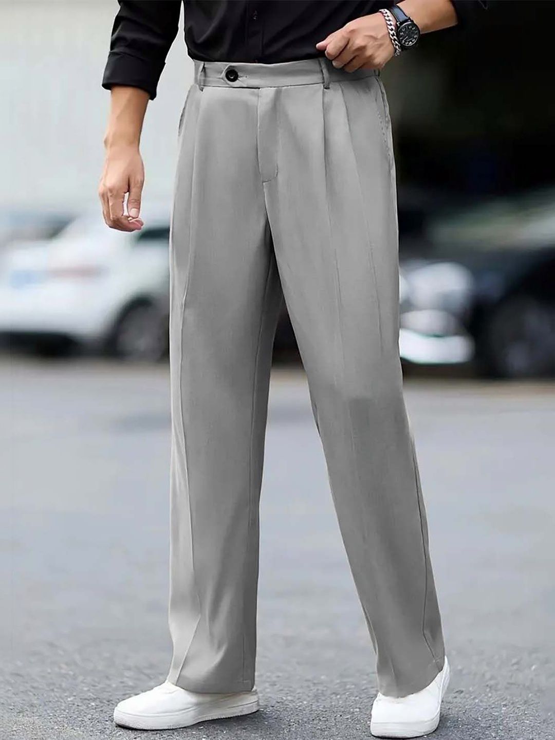 Men Straight Fit Pleated Trousers