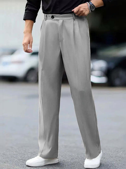 Men Straight Fit Pleated Trousers