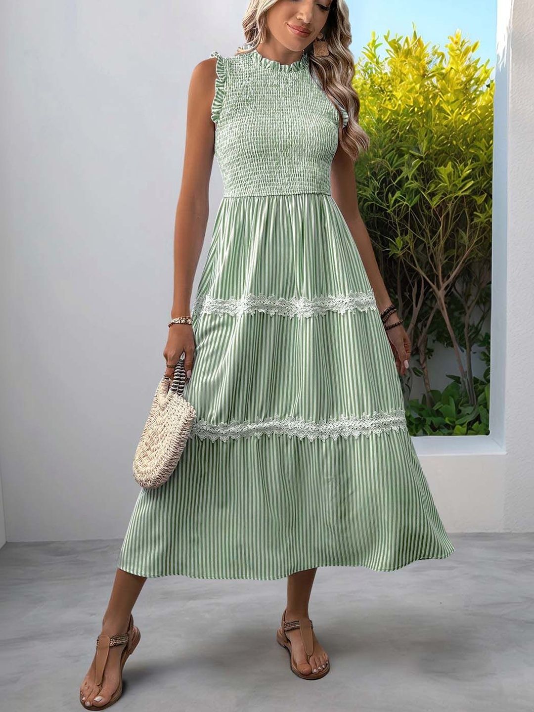 Striped Flutter Sleeve A-Line Midi Dress