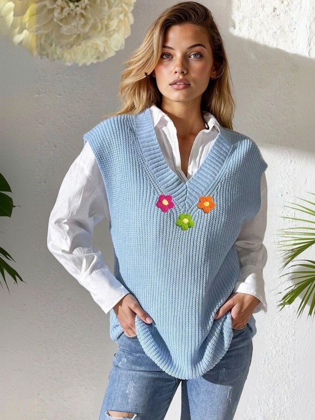 Ribbed Sweater Vest with Embroidered Detail in Blue cotton - Nowi Korean Fashion