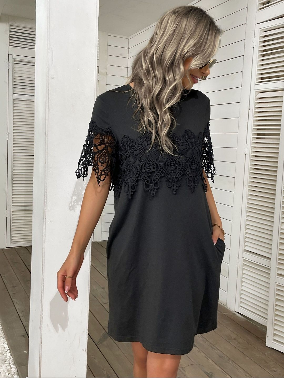Round Neck Lace Inserts Dress in Black cotton - Nowi Korean Fashion