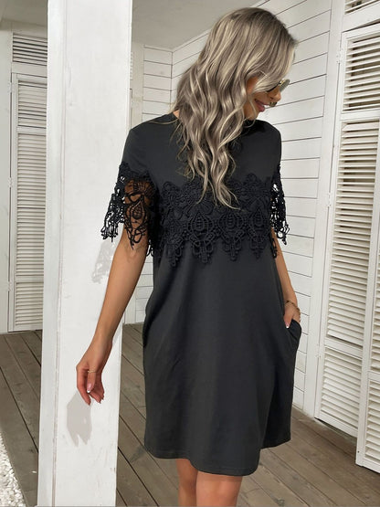 Round Neck Lace Inserts Dress in Black cotton - Nowi Korean Fashion