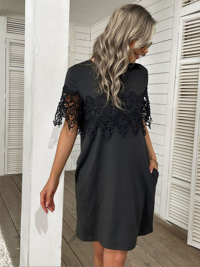 Round Neck Lace Inserts Dress in Black cotton - Nowi Korean Fashion