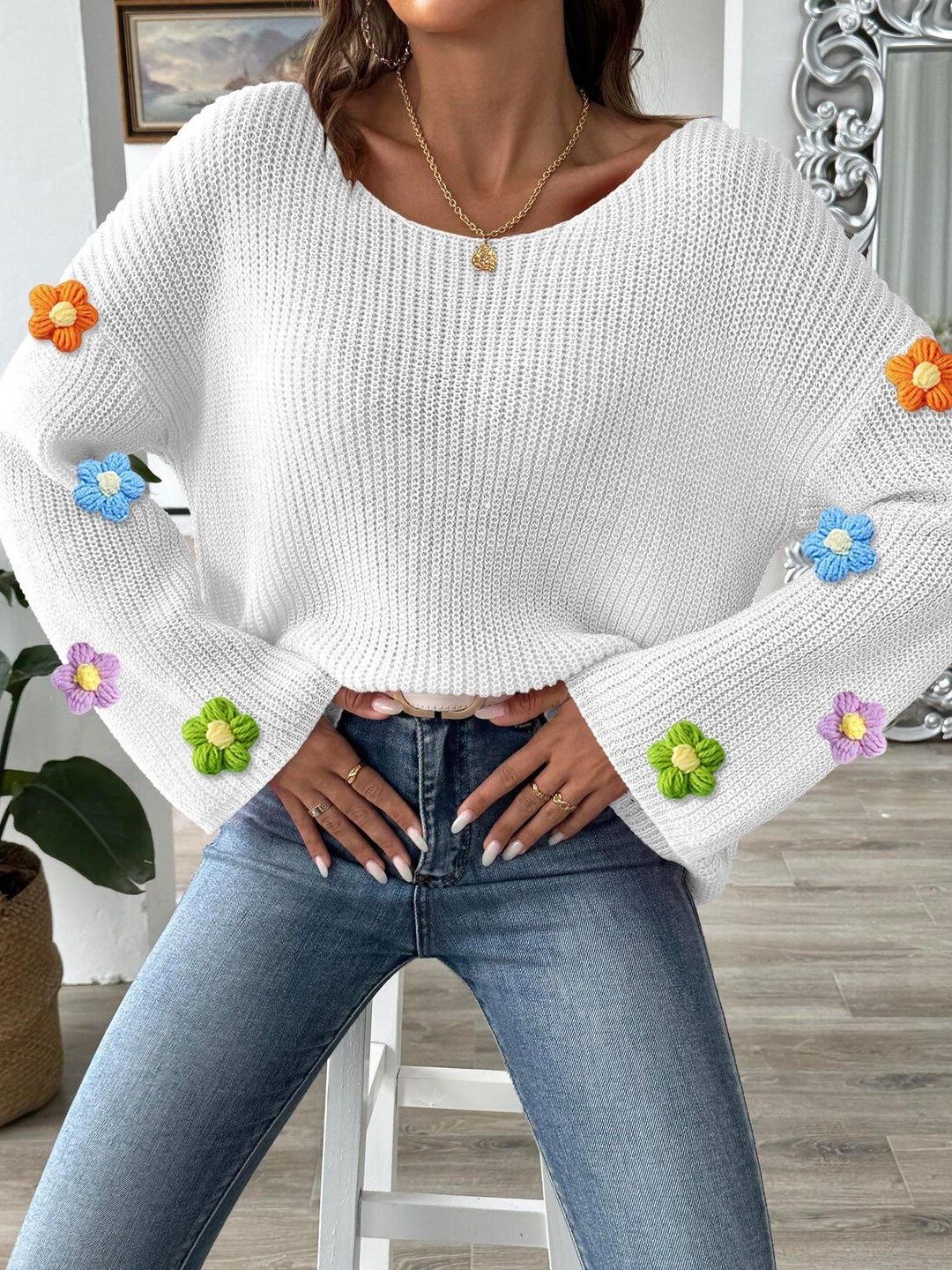 Women Ribbed Pullover with Embellished Detail