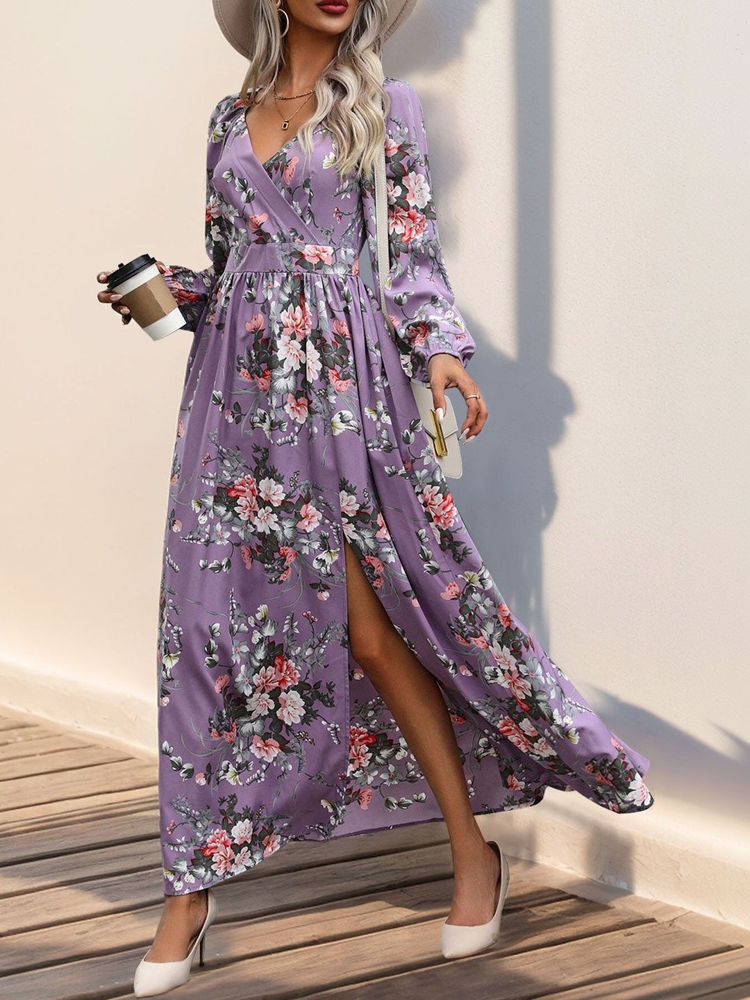 Women's Purple Floral Print Puff Sleeve Maxi Dress