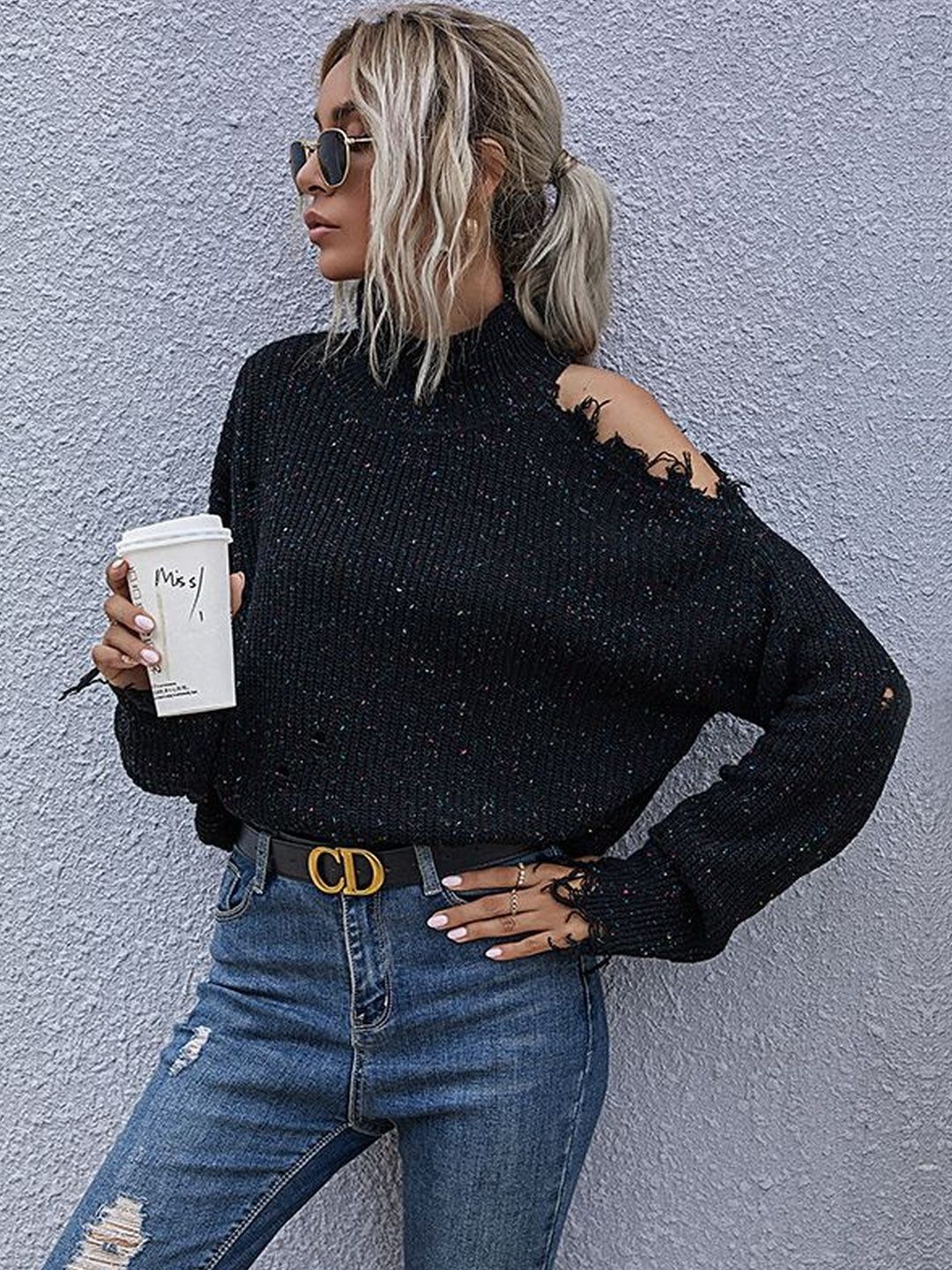Women's Black Speckled Pullover With Fringed Detail