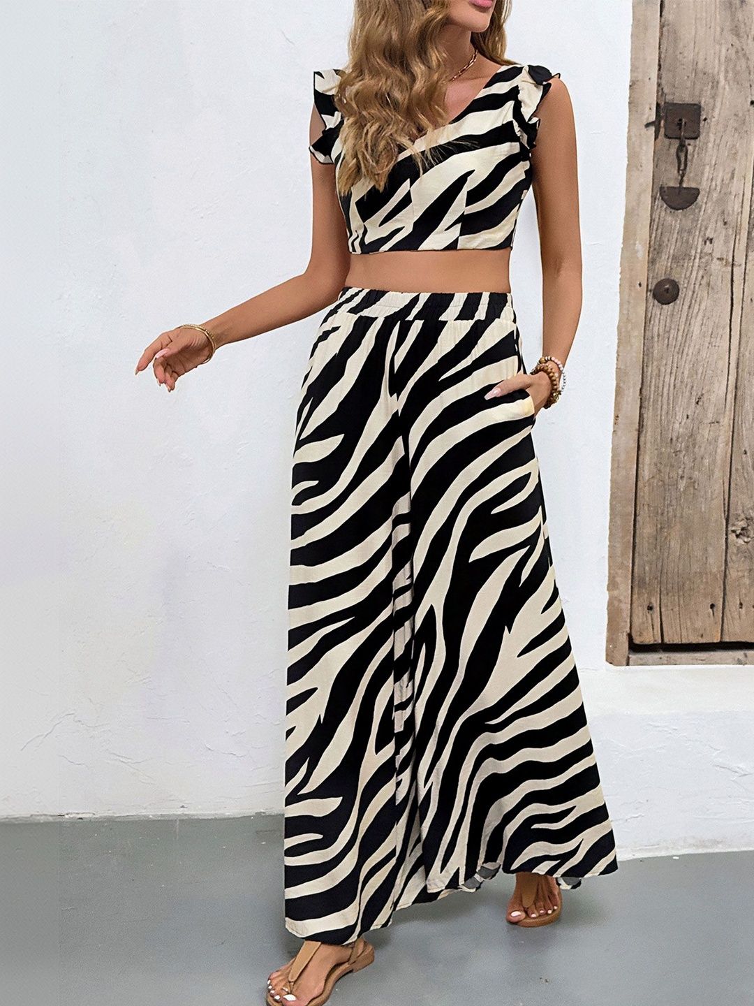 Printed V-Neck Top & Palazzos Co-Ords