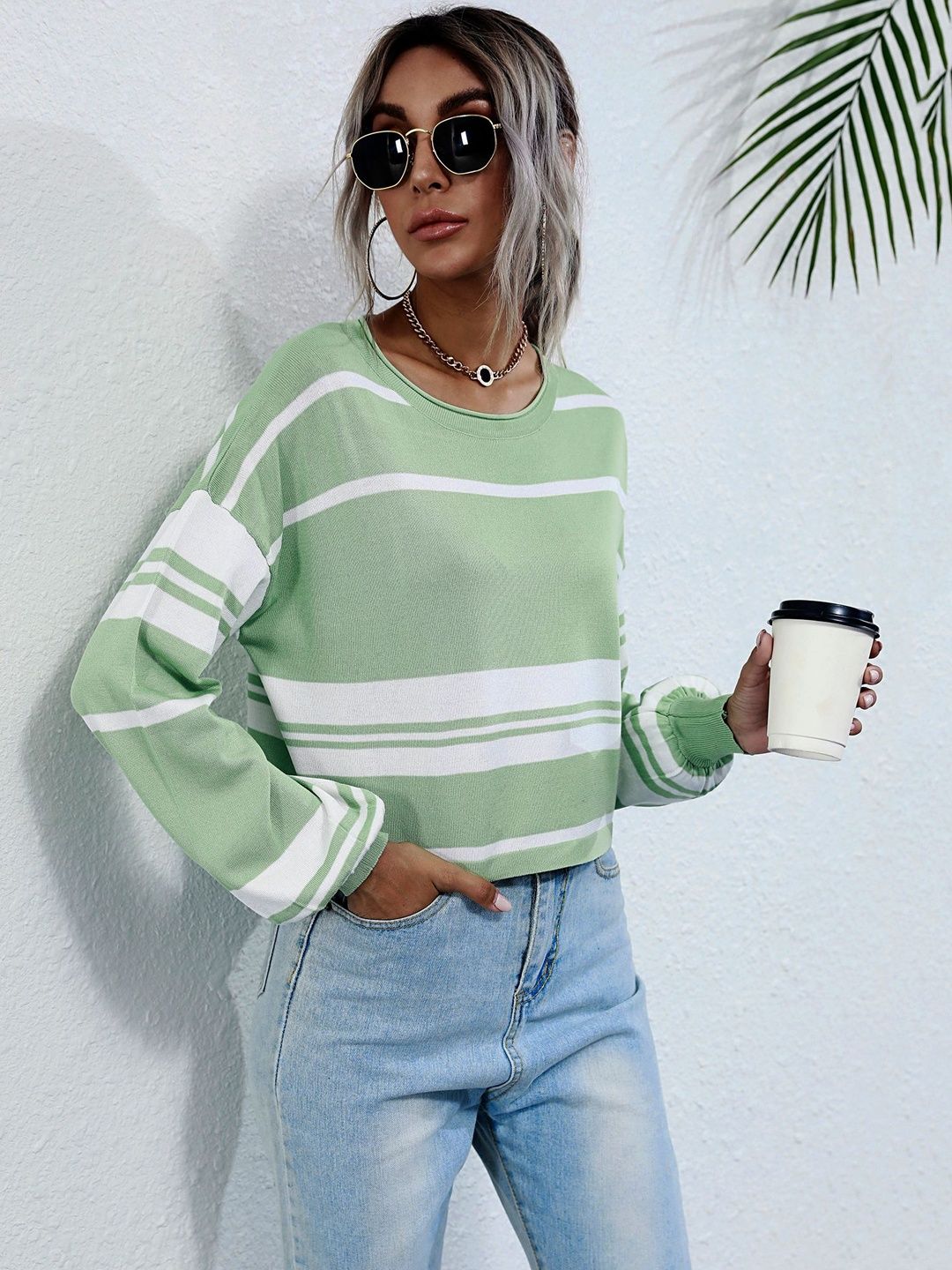 Women's Green Striped Crop Pullover
