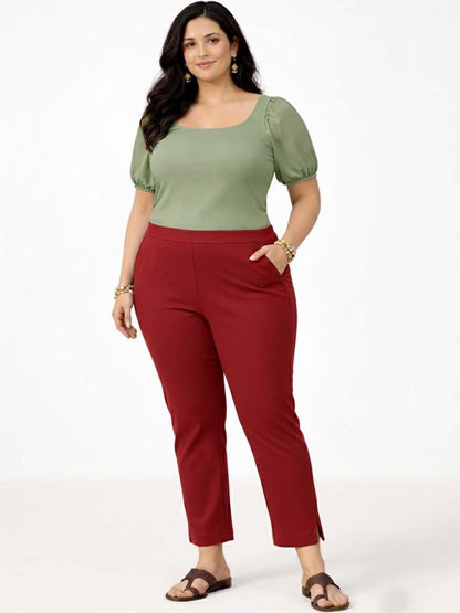 Wrinkle Free Trousers in Maroon polyester Style 65 - Nowi Korean Fashion
