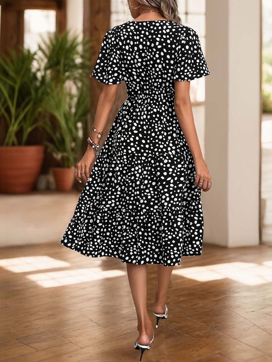 NOWI Polka Dot Printed Flared Sleeve Fit & Flare Midi Dress