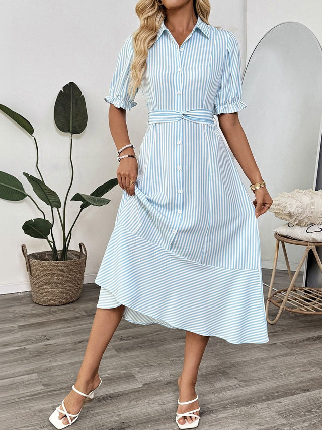 Striped A-Line Midi Dress in Blue cotton - Nowi Korean Fashion