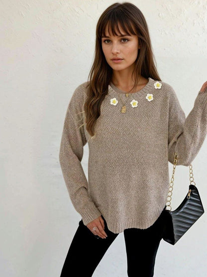Pullover with Embroidered Detail in Brown acrylic - Nowi Korean Fashion