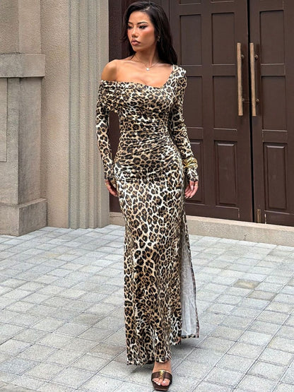 NOWI Animal Print One Shoulder Bodycon Maxi Dress