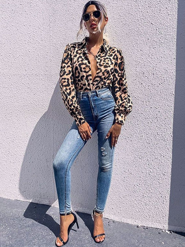 Animal Printed Casual Shirt in Brown Cotton - Nowi Korean Fashion