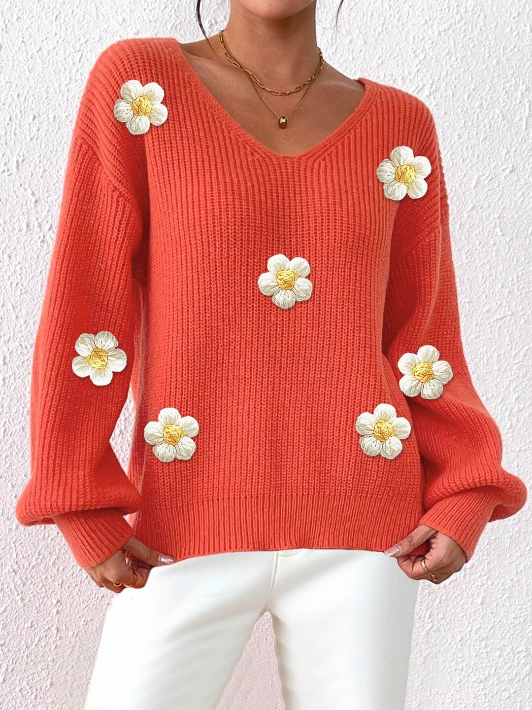Ribbed Pullover with Embroidered Detail in Orange acrylic - Nowi Korean Fashion