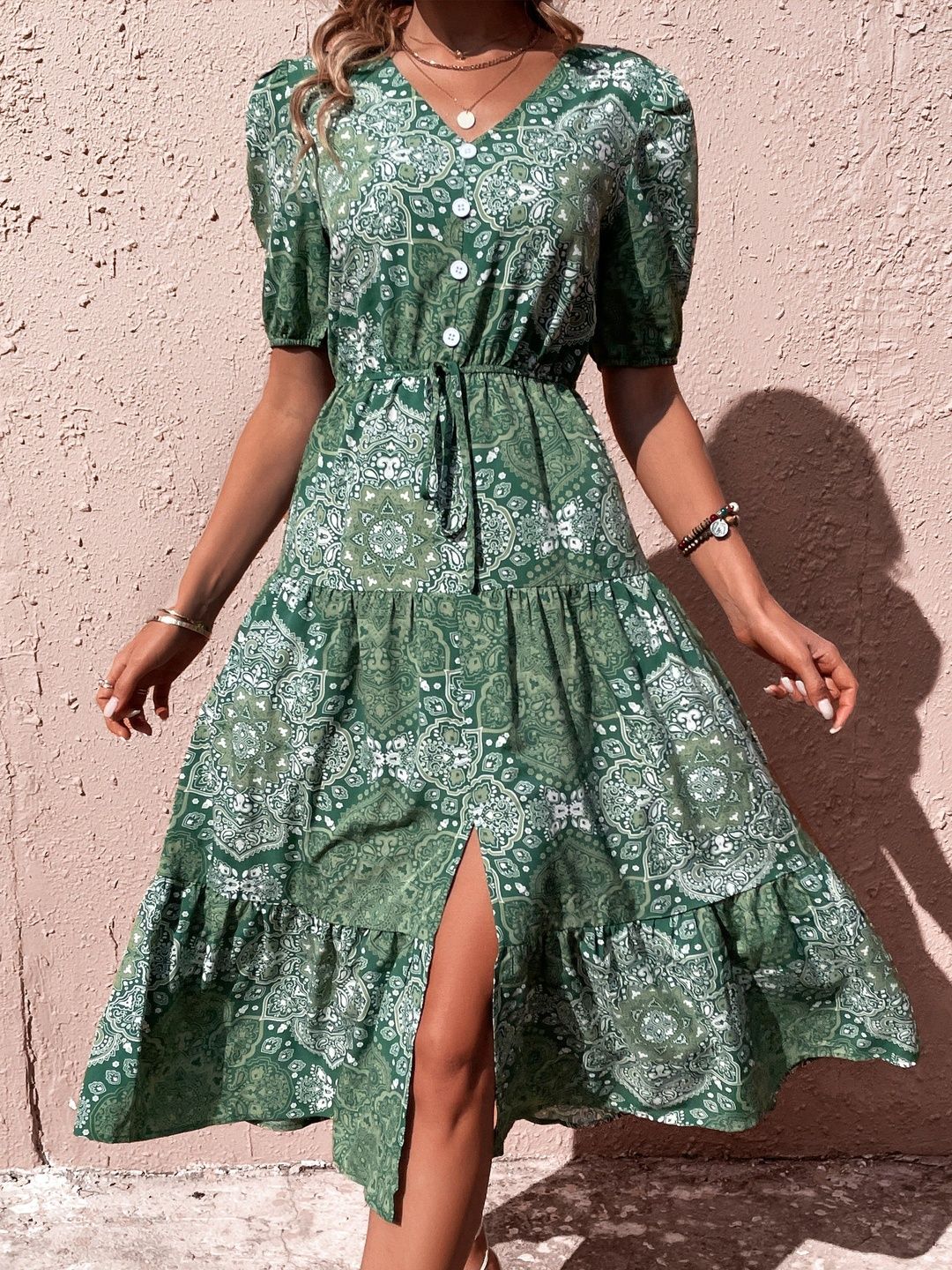 Print Puff Sleeve Fit & Flare Midi Dress