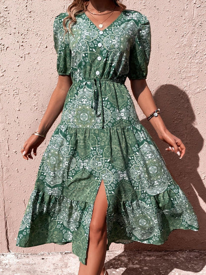 Print Puff Sleeve Fit & Flare Midi Dress